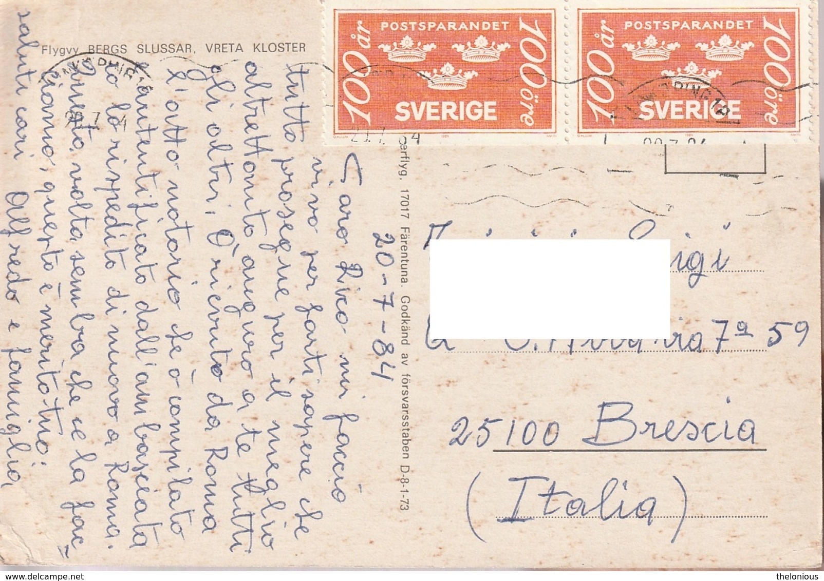 * Cartolina - Svezia - Bergs Slussar, Vreta Kloster - Viag. Per Brescia 1984 - Sweden