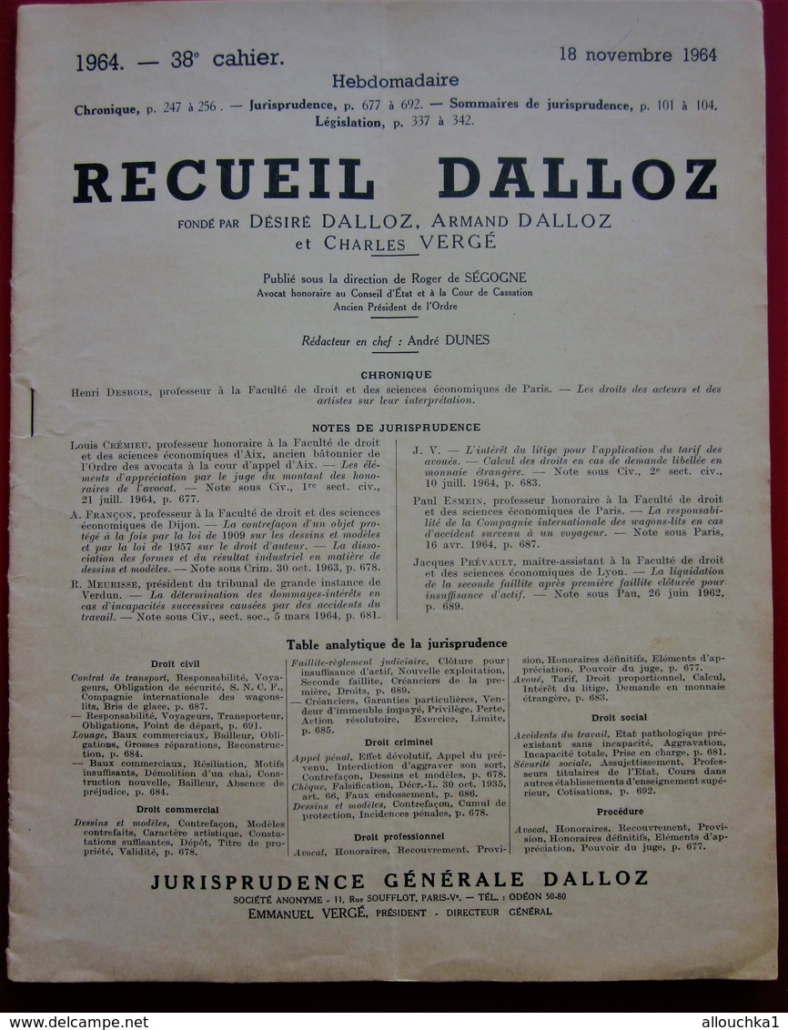 1964 Revue 38é CAHIER HEBDOMADAIRE RECUEIL DALLOZ JURISPRUDENCE DROIT DES ACTEURS & ARTISTES SUR LEURS INTERPRÉTATIONS - Right