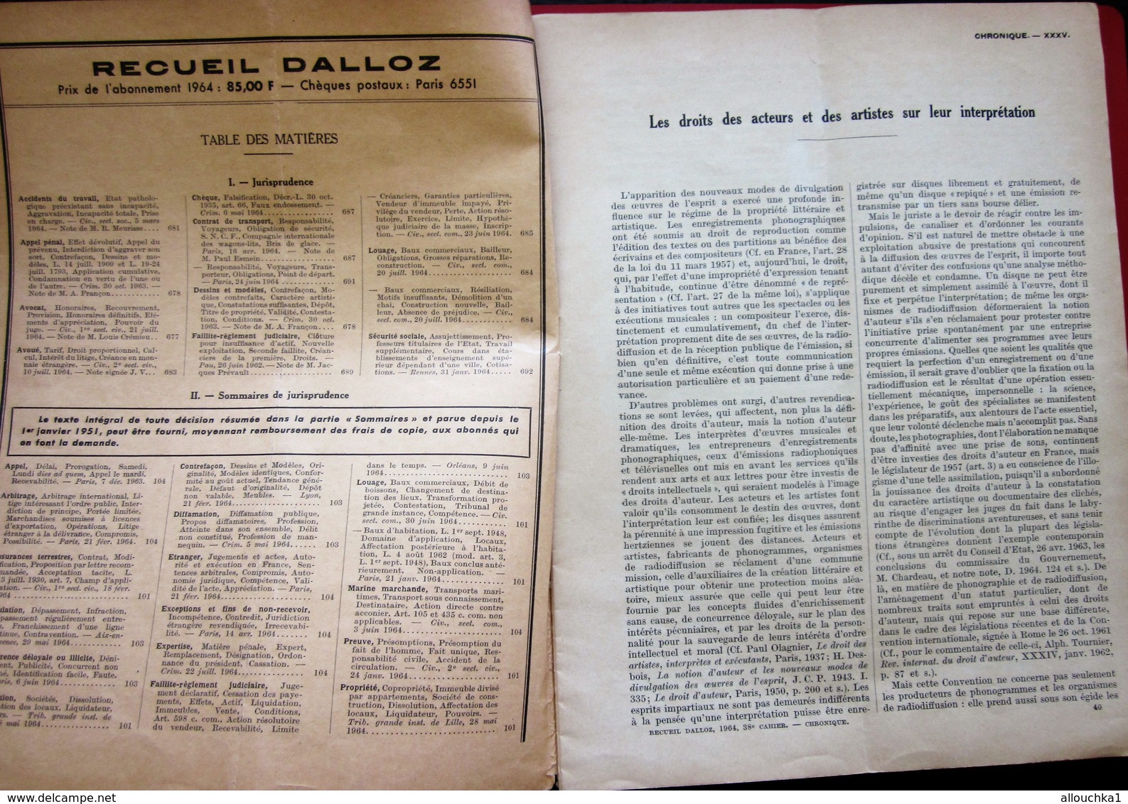 1964 Revue 38é CAHIER HEBDOMADAIRE RECUEIL DALLOZ JURISPRUDENCE DROIT DES ACTEURS & ARTISTES SUR LEURS INTERPRÉTATIONS - Rechts