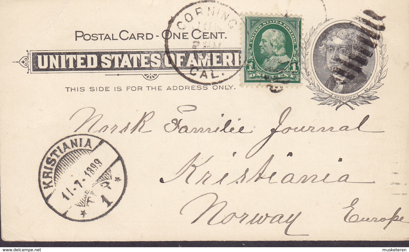 United States Uprated Postal Stationery Ganzsache Entier CORNING Calif. 1899 KRISTIANIA (Arr.) Norway (2 Scans) - Cartas & Documentos