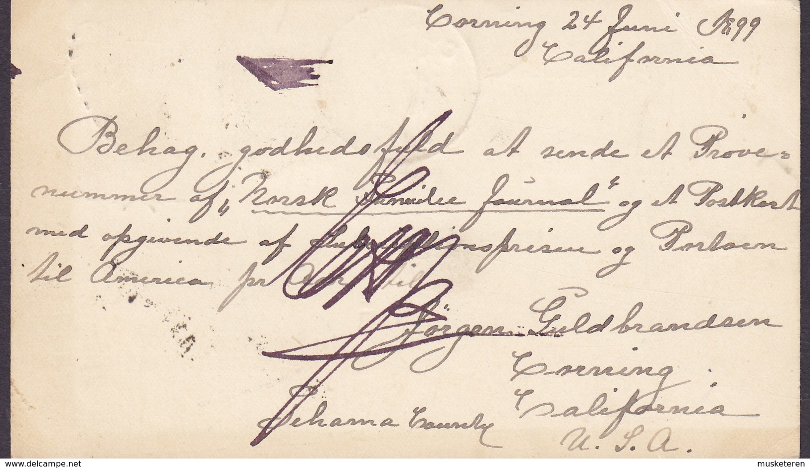 United States Uprated Postal Stationery Ganzsache Entier CORNING Calif. 1899 KRISTIANIA (Arr.) Norway (2 Scans) - Briefe U. Dokumente