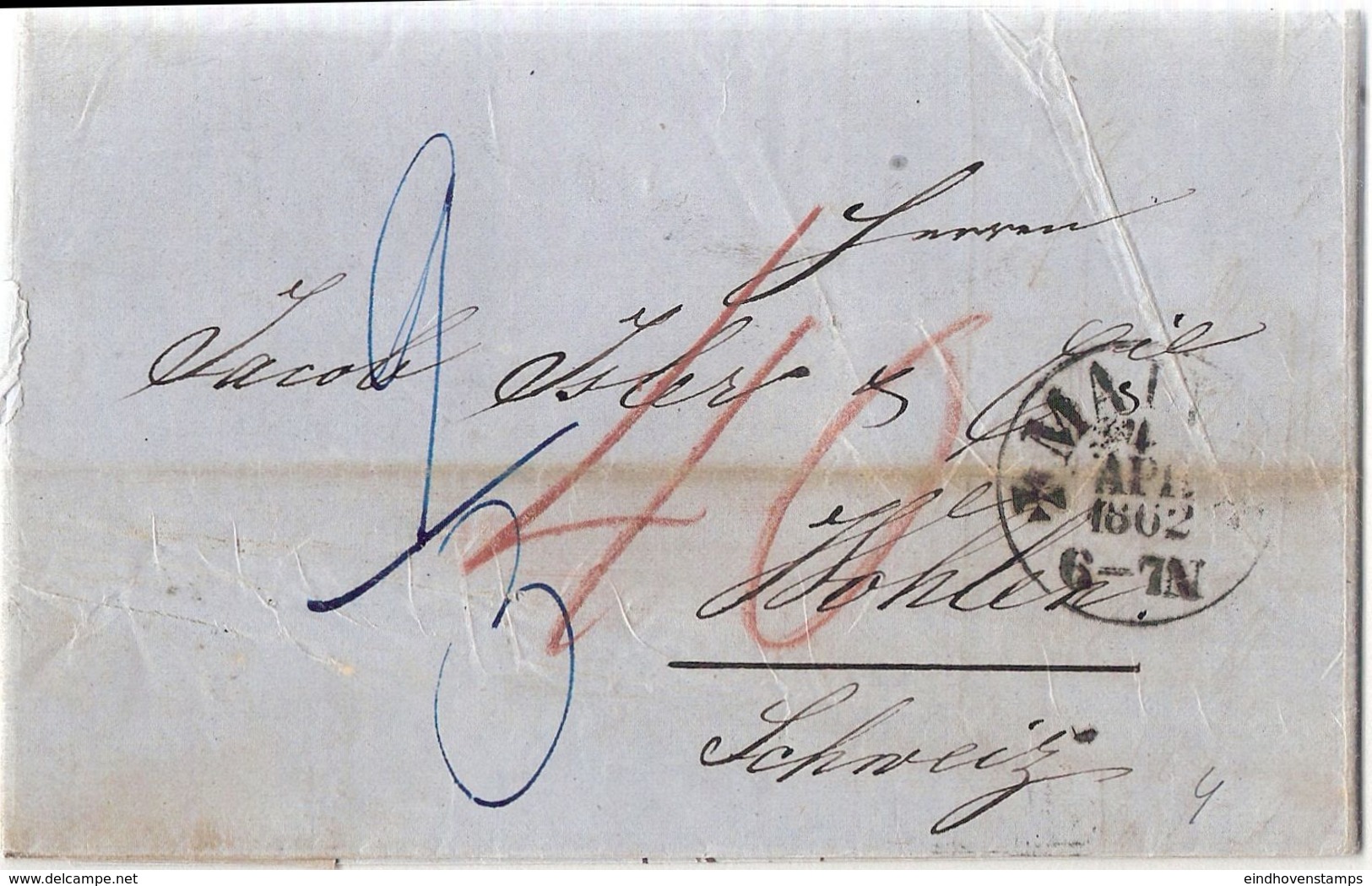 Germany Prussia Mainz 1851 Einkreis-Stempel, Vollständiger Brief über Aarau Nach Wohlen (Schweiz) - Prefilatelia