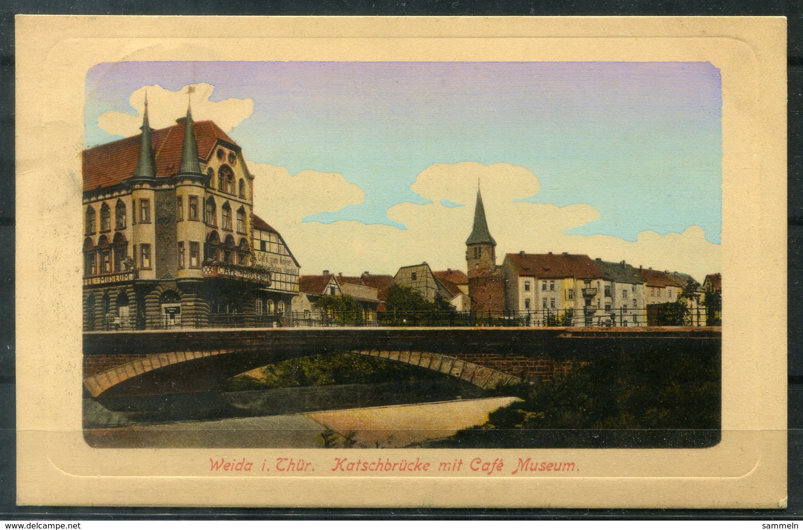 4713 - Ansichtskarte "WEIDA, Katschbrücke Mit Café Museum" V- Bahnpost-Stempel LEIPZIG-SAALFELD - Weida