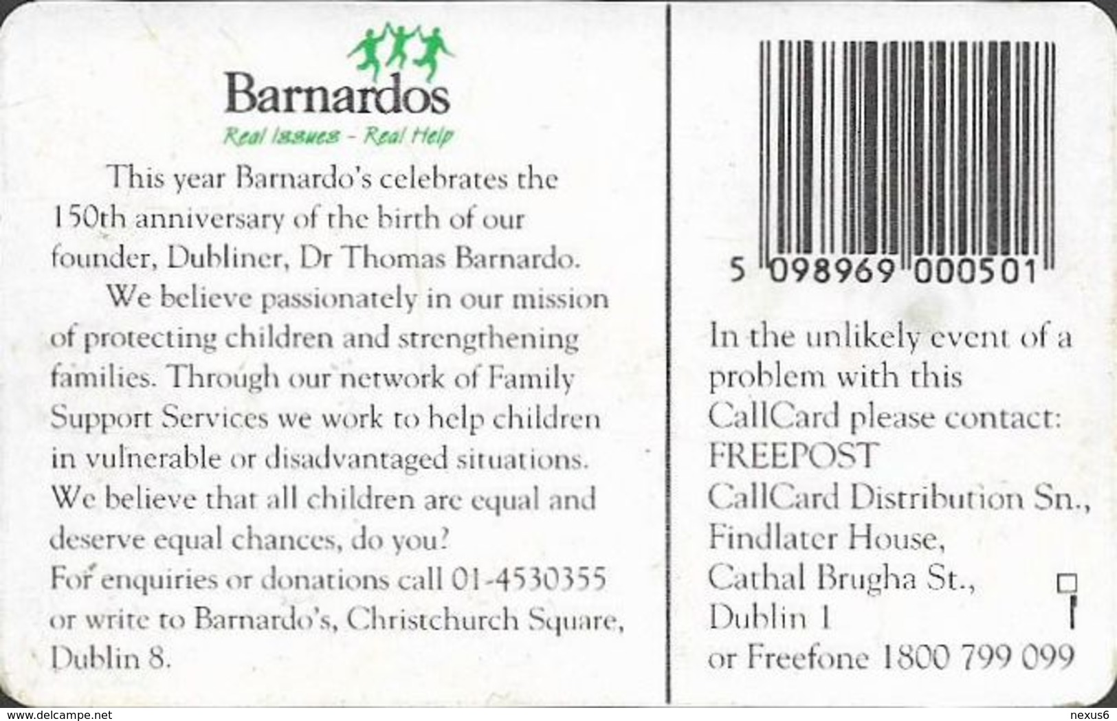 Ireland - Eircom - Barnardos, Kid - 50Units, Chip GEM1B Not Symmetric, Red, 07.1995, 50.000ex, Used - Irlande