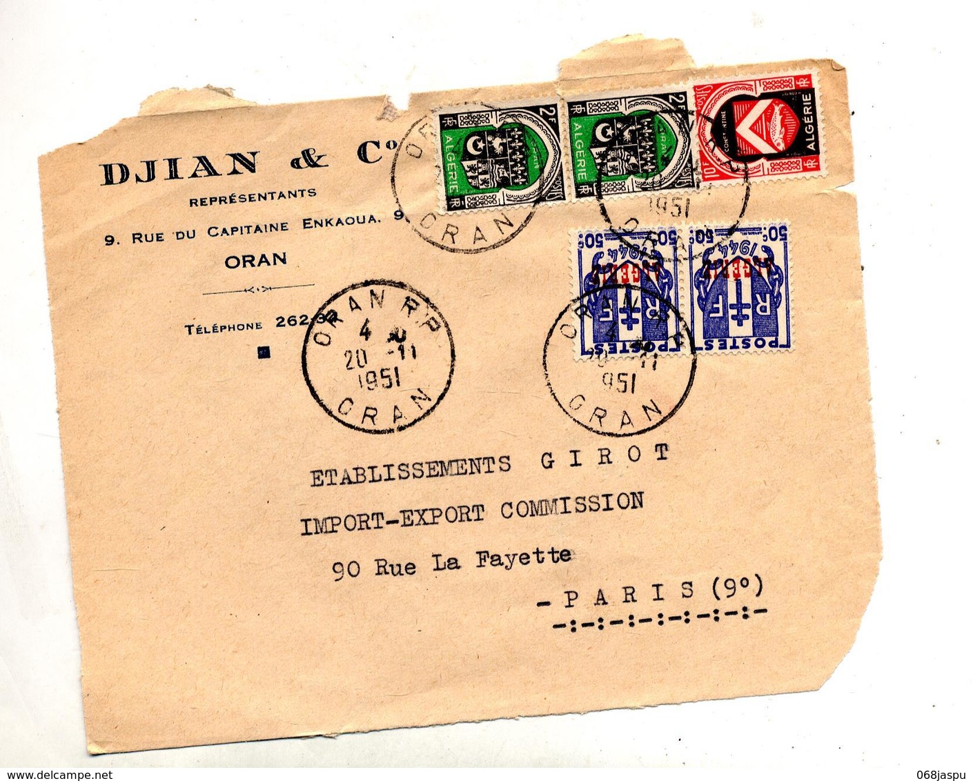 Devant De Lettre  Cachet Oran Sur Chaine Surchargé Armoirie - Lettres & Documents