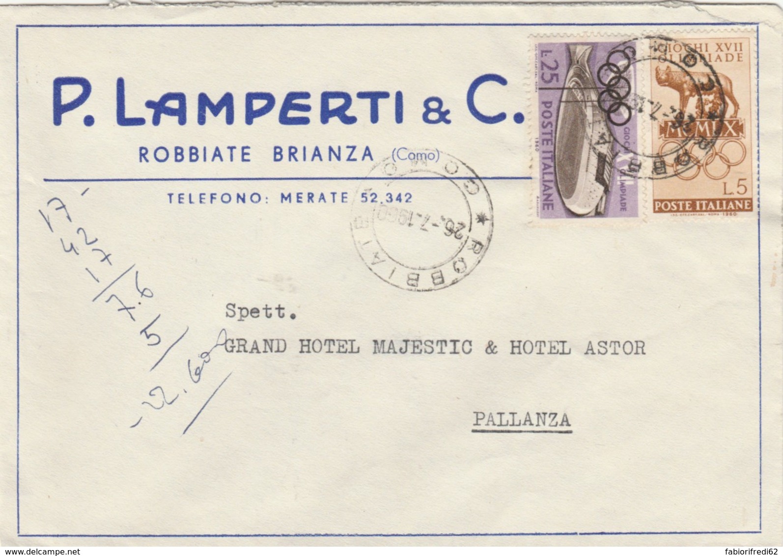 LETTERA 1960 5+25 OLIMPIADE TIMBRO ROBBIATE COMO (IX90 - 1961-70: Marcophilie