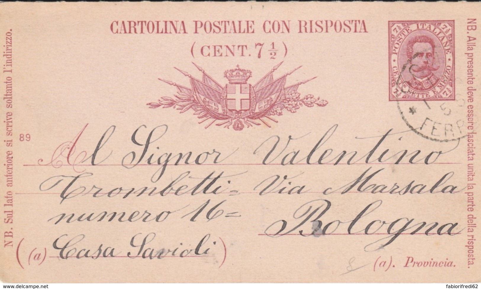 INTERO POSTALE 1889 CENT. 7,50- RISPOSTA (IX212 - Postwaardestukken