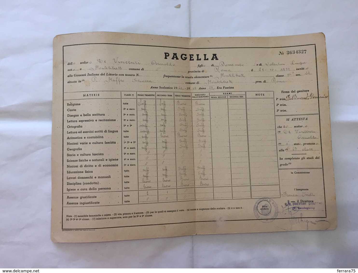 PAGELLA SCOLASTICA  VINCERE PNF GIL MONTELIBRETTI ROMA 1941/1942. - Diplomi E Pagelle