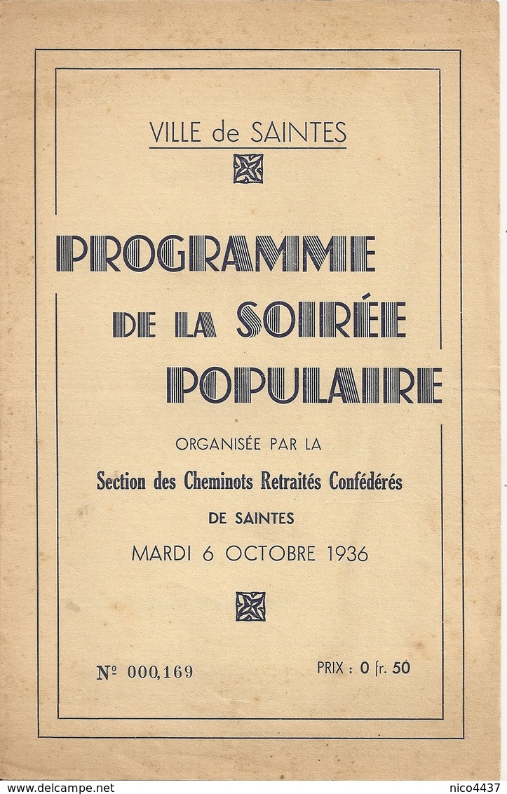 Programme De La Soirée Populaire Organiée Par Cheminots De Saintes 1936 - Saintes