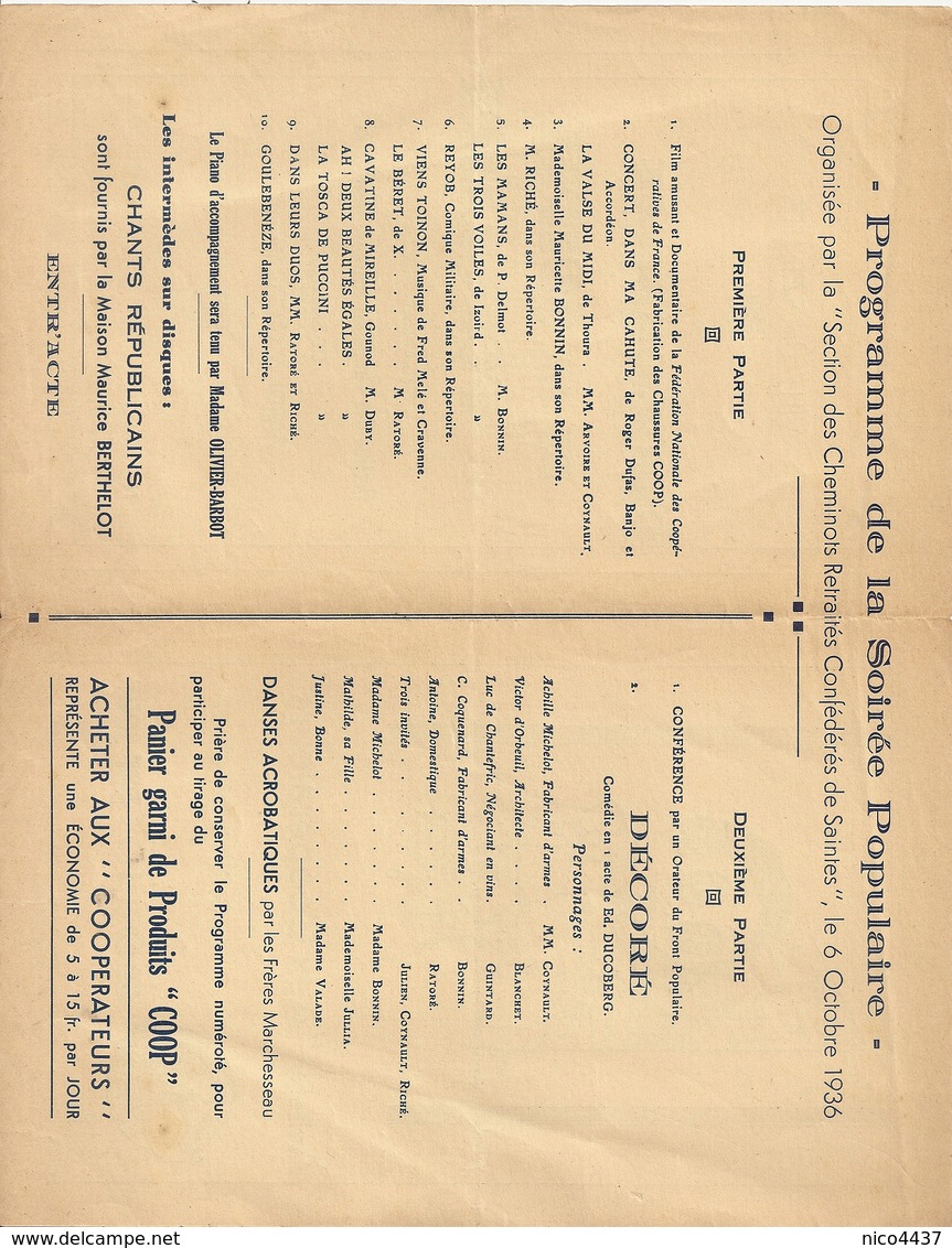 Programme De La Soirée Populaire Organiée Par Cheminots De Saintes 1936 - Saintes