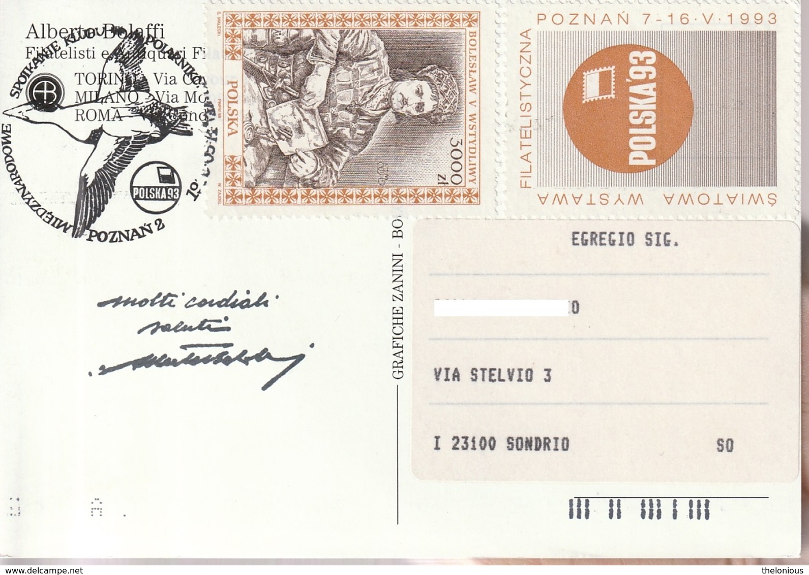 * Cartolina Dalla Polonia (ALBERTO - GIULIO BOLAFFI) Per Sondrio 1993 ? - Timbres (représentations)