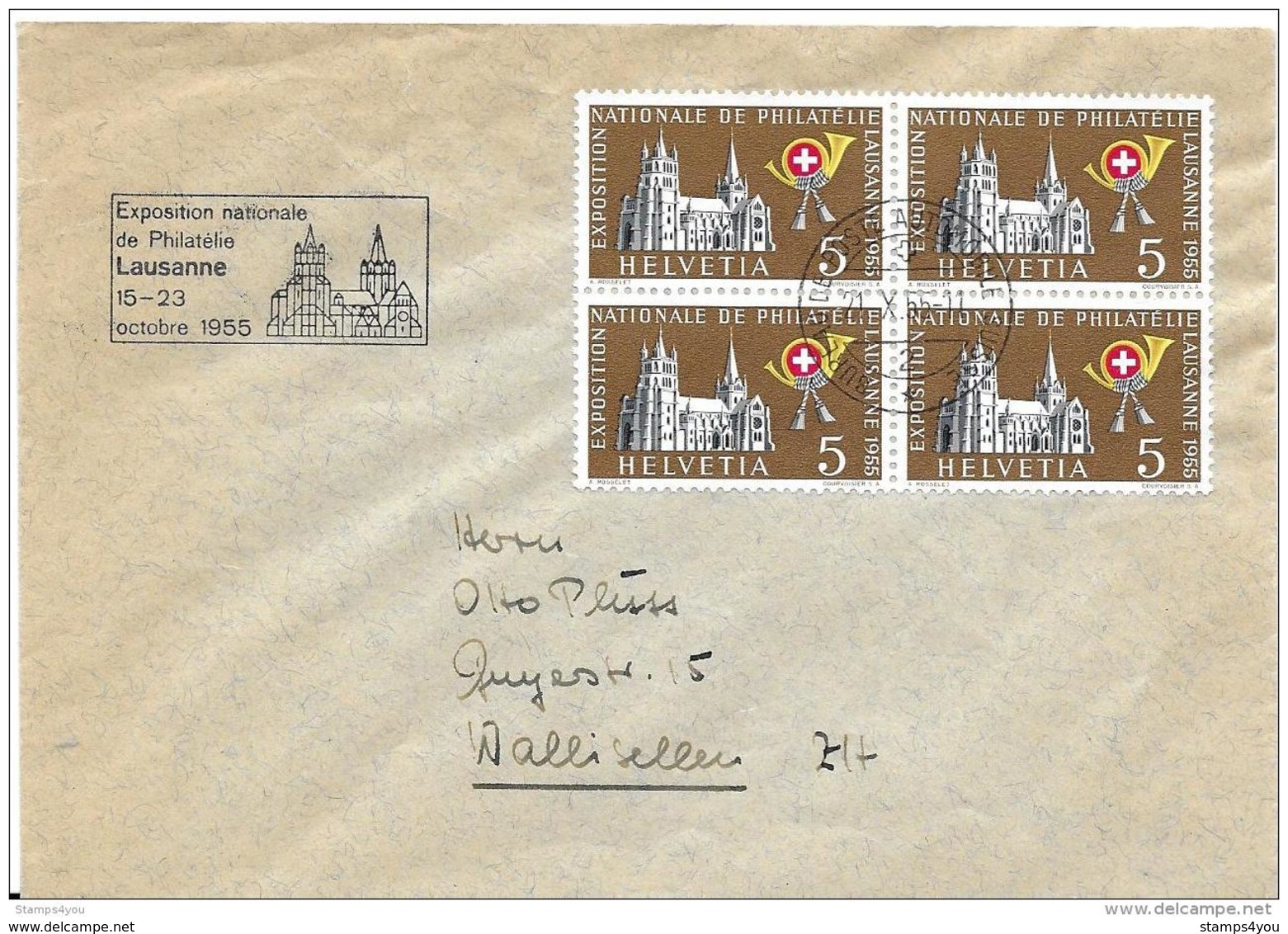 11 - 62 - Enveloppe Avec Bloc De 4 Timbres Et Oblit Spéciale "Expo Nationale Lausanne 1955" - Marcophilie