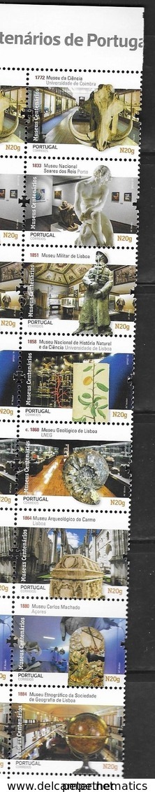 PORTUGAL, 2019, MNH,MUSEUMS, CENTENARY OF PORTUGUESE MUSEUMS, FOSSILS, ART, GEOLOGY, PLANTS, 13v IN FOLDED STRIP - Musei