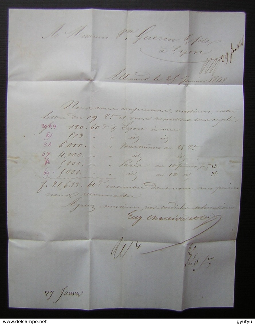 Allevard (isère) 1848 Eug. Charrière & Cie, Lettre Pour Lyon - 1801-1848: Précurseurs XIX