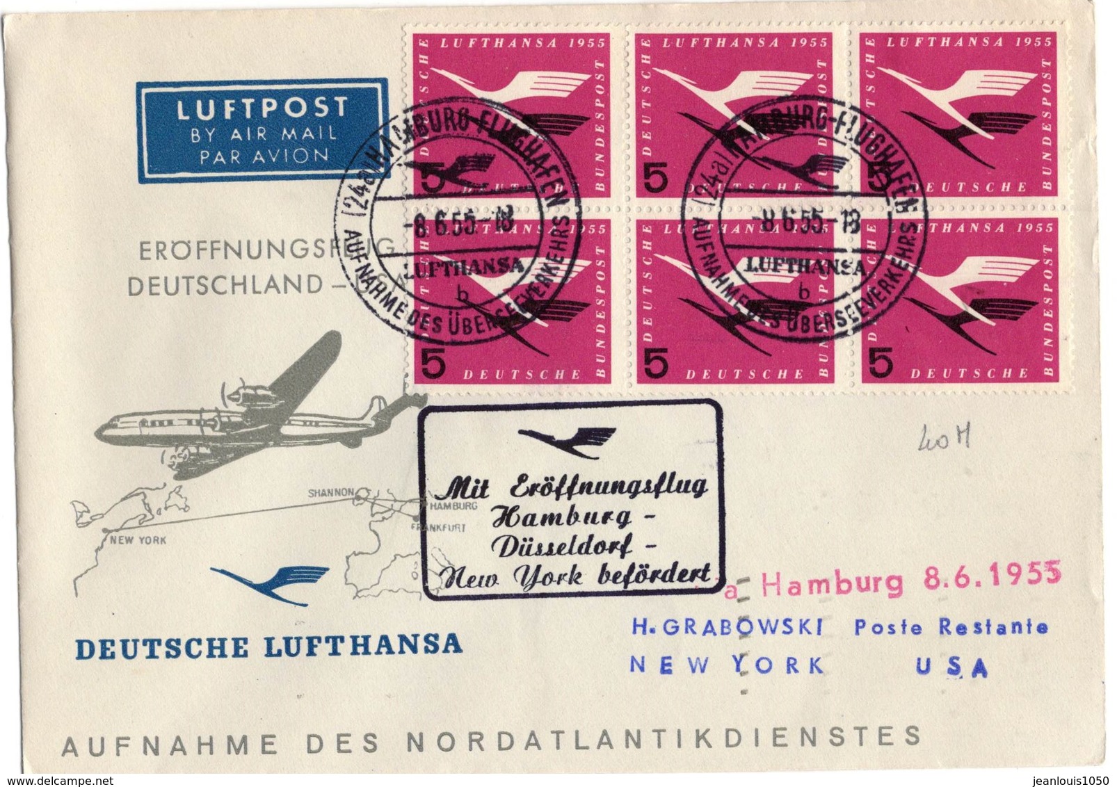 ALLEMAGNE FEDERALE BLOC YT N°81 SUR LETTRE PREMIER VOL HAMBOURG NEW YORK AVIATION - Briefe U. Dokumente