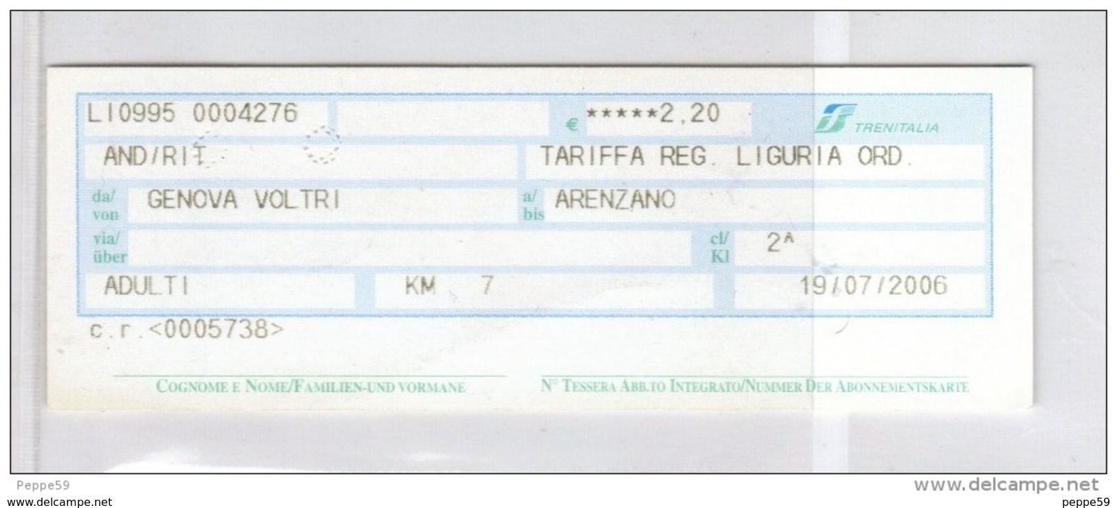 Biglietto Ferroviario Italia - F.S. Regione Liguria - Corsa Semplice - Fascia Km. 7 Da Euro 2.20 - Europa