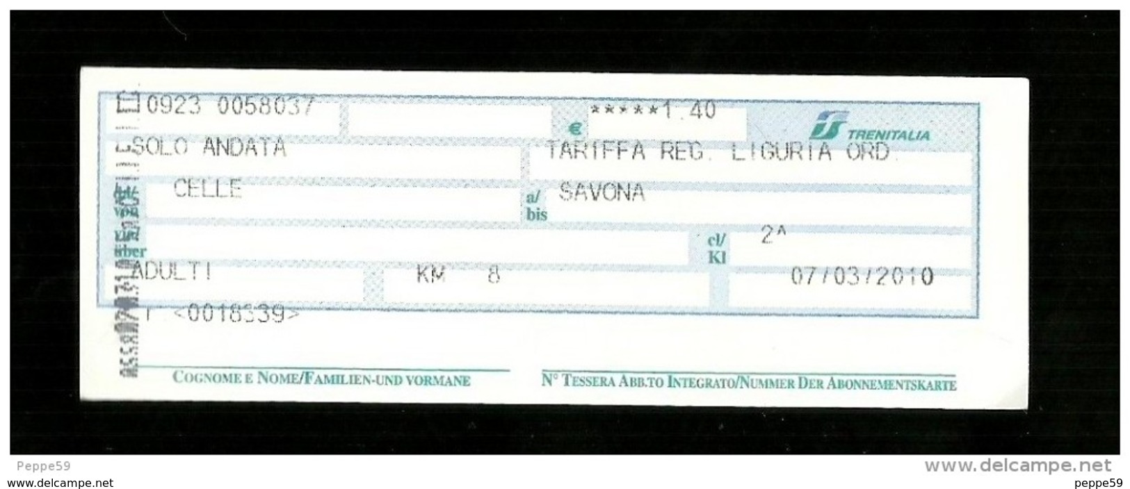 Biglietto Ferroviario Italia - F.S. Regione Liguria - Corsa Semplice - Fascia Km. 8 Da Euro 1.40 - Europe