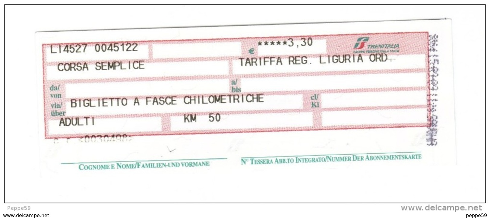 Biglietto Ferroviario Italia - F.S. Regione Liguria - Corsa Semplice - Fascia Km. 50 - Europa