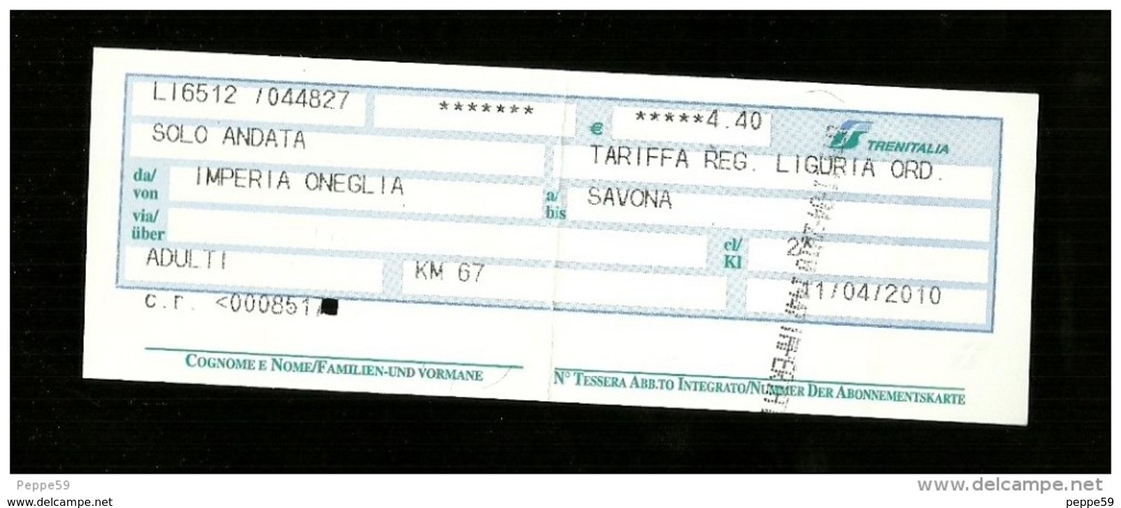 Biglietto Ferroviario Italia - F.S. Regione Liguria - Corsa Semplice - Fascia Km. 67 - Europa