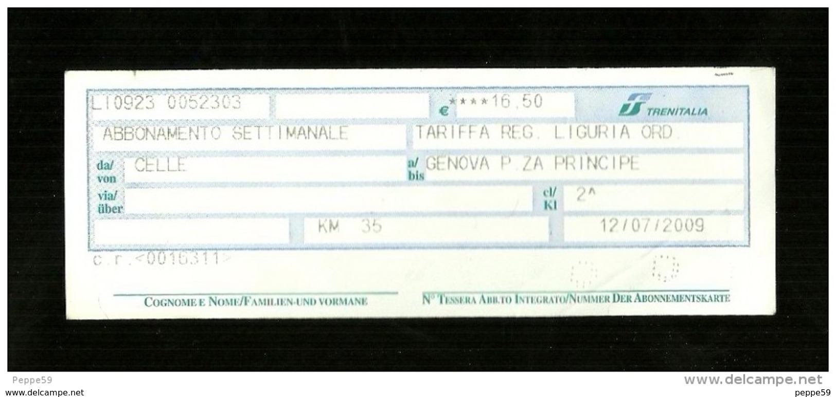 Biglietto Ferroviario Italia - F.S. Regione Liguria - Abbonamento Settimanale - Europe
