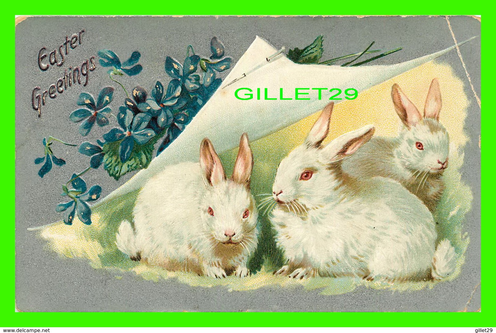 PÂQUES - EASTER GREETINGS - 3 WHITE RABBITS - EMBOSSED - WRITTEN -  RAPHAEL TUCK & SONS - - Pâques