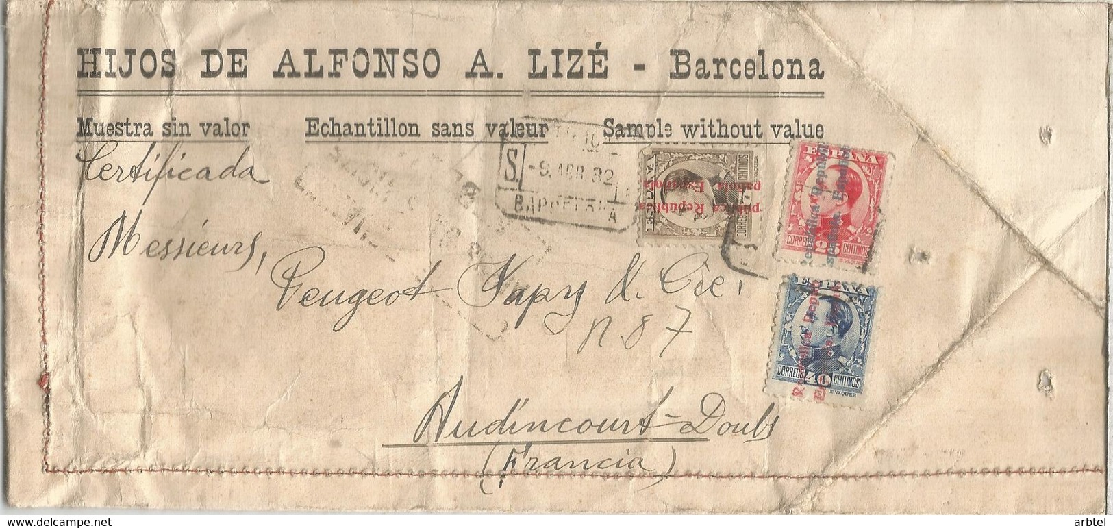 SEGUNDA REPUBLICA CC A FRANCIA MUESTRAS SIN VALOR CERTIFICADA SELLOS VAQUER 1932 - Covers & Documents