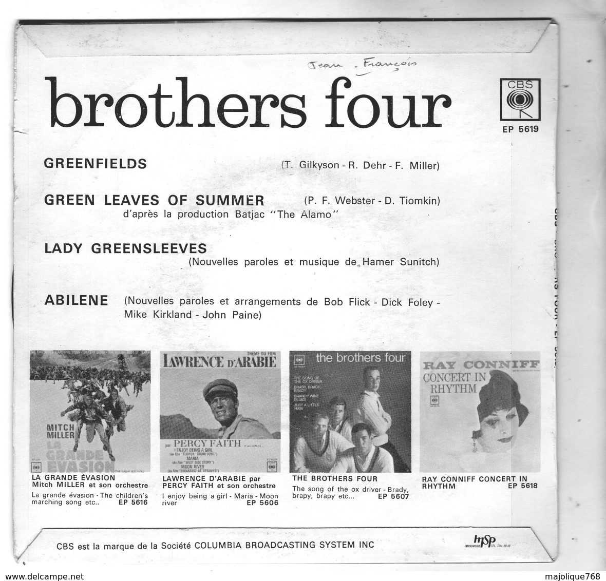 Disque - Brothers Four - Greenfields - CBS EP 5619 - 1960 - Country Y Folk