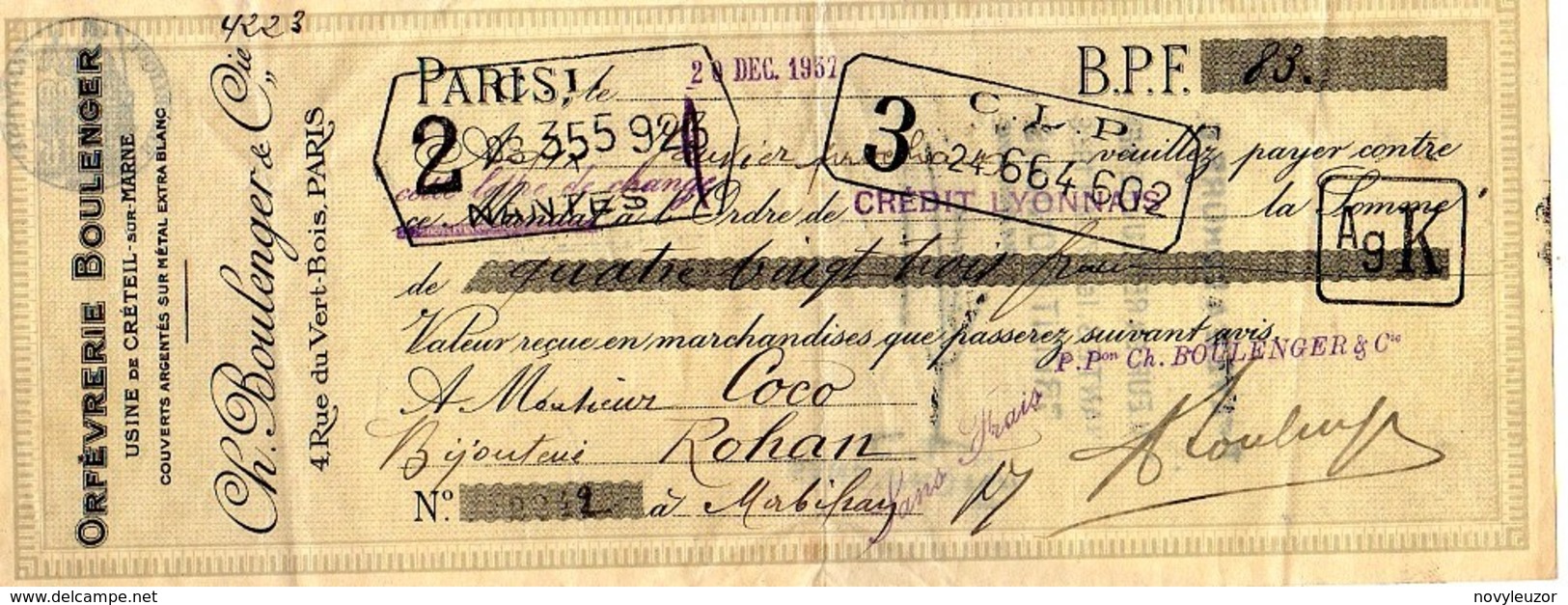 56  ROHAN  Mandat à Ordre  Bijouterie Mr  COCO  1937 - Other & Unclassified