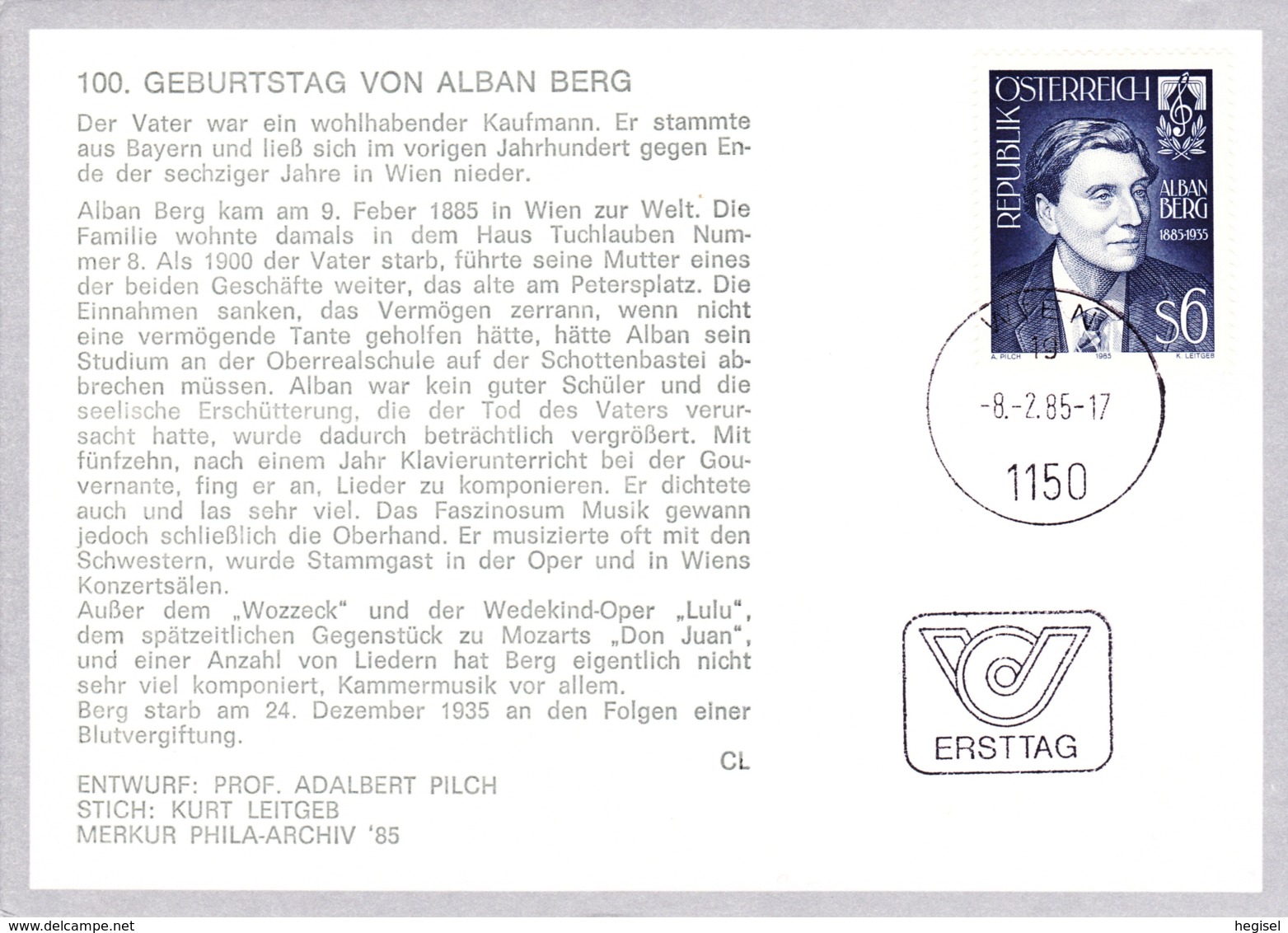 1985  100. Geb. Alban Berg FDC Karte (ANK 1834, Mi 1803) - FDC