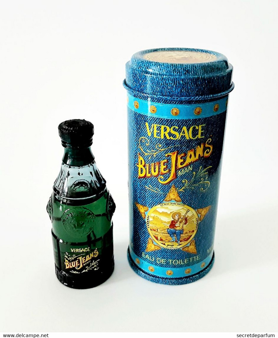 Miniatures De Parfum  BLUE JEANS De  GIANNI VERSACE  EDT   7.5  Ml    +  BOITE MÉTAL - Miniatures Hommes (avec Boite)