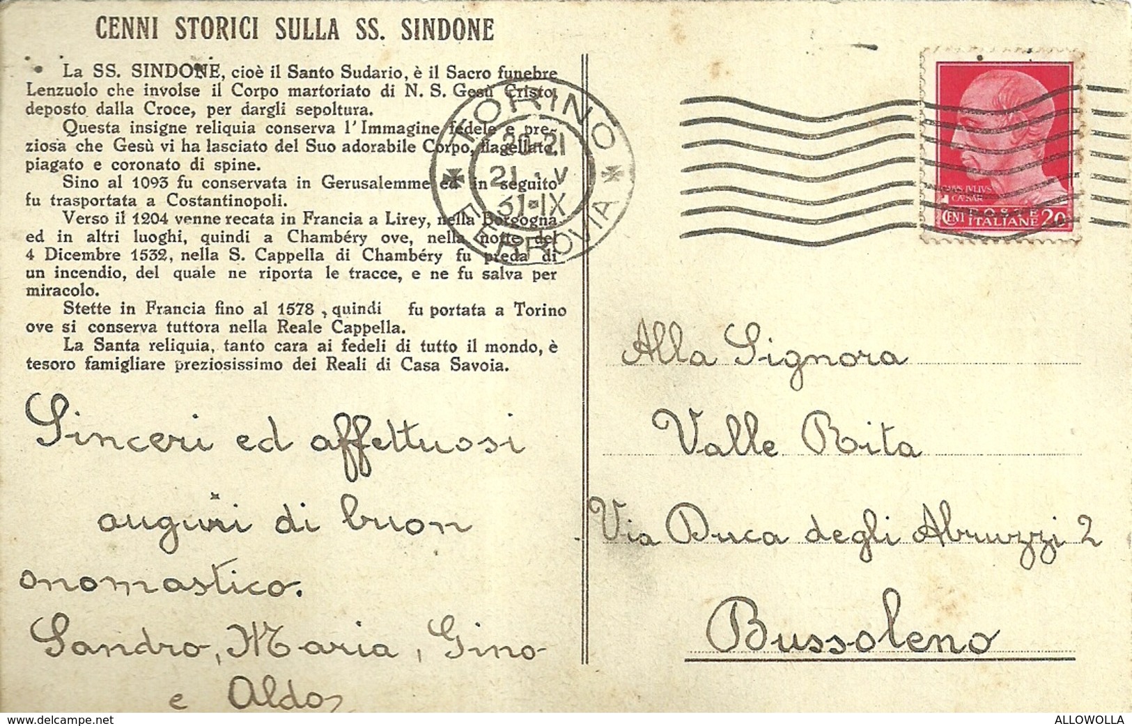 4036 " ORAZIONE E CENNI STORICI SULLA SS. SINDONE "  CARTOLINA  POSTALE ORIGINALE SPEDITA 1921 - Altri & Non Classificati