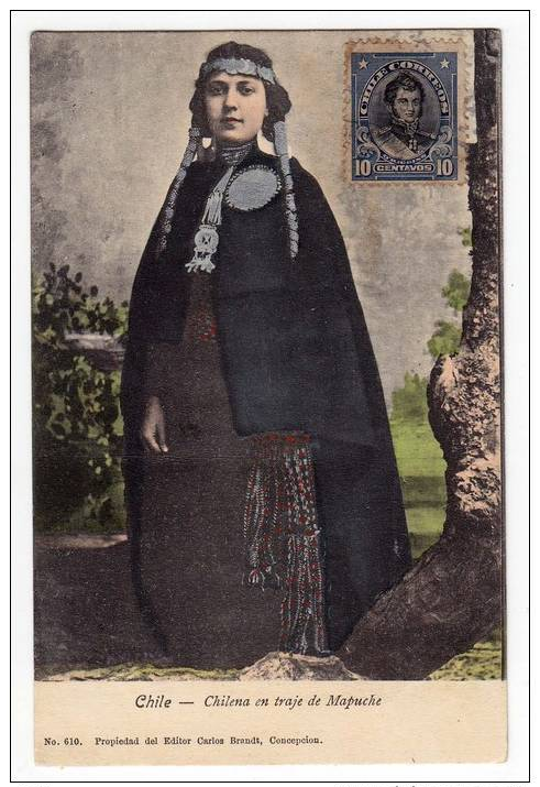 AMERICA CHILE CHILEAN MAPUCHE PEOPLE COSTUME OLD POSTCARD 1912. - Chile