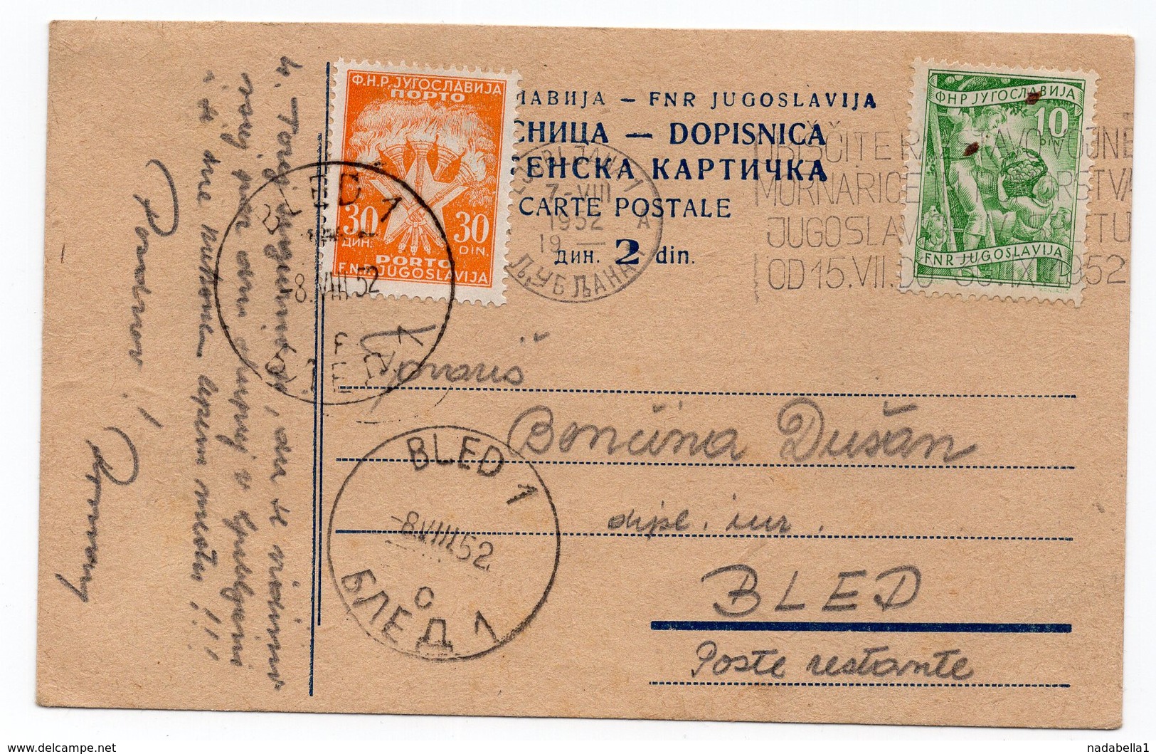 1952 YUGOSLAVIA, SLOVENIA, LJUBLJANA, BLED, POST RESTANT, POSTAGE DUE, FLAM - Portomarken