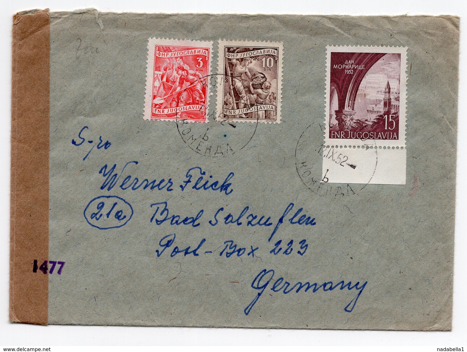 1952 YUGOSLAVIA, SLOVENIA, KOMENDA TO GERMANY, CENSORED, INTERNATIONAL MAIL - Covers & Documents