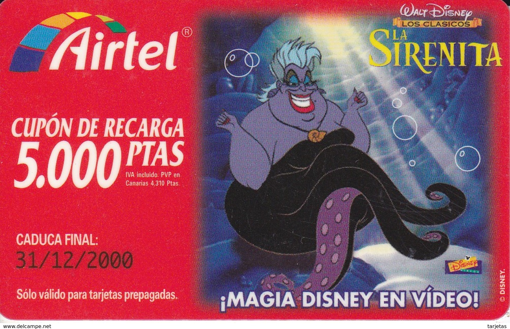 TARJETA DE DISNEY DE LA PELICULA LA SIRENITA DE AIRTEL DE 5000 PTAS (BRUJA-PULPO) - Cine