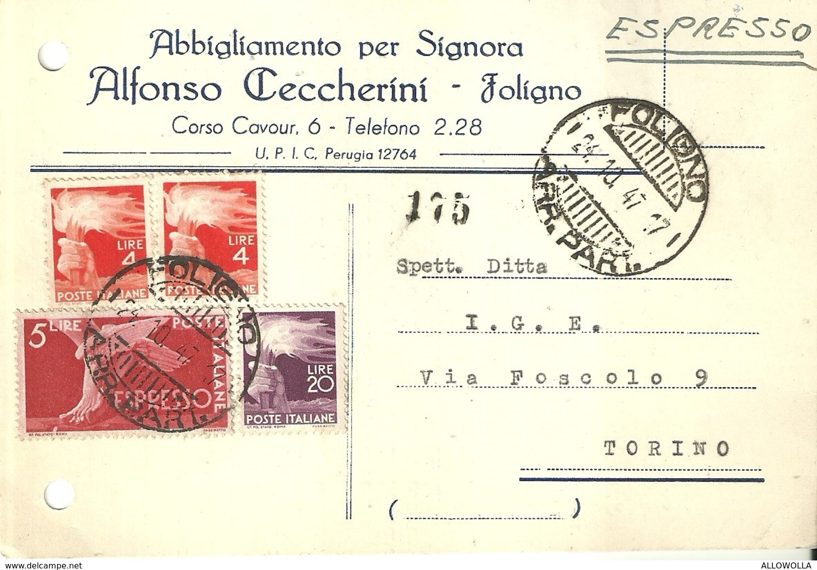 4050 " ABBIGLIAMENTO PER SIGNORA ALFONSO CECCHERINI-FOLIGNO" CART. POST. ORIG. SPEDITA 1947 - Negozi
