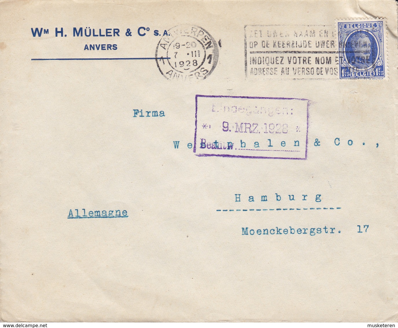 Belgium Wm H. MÜLLER & Co., Slogan Flamme ANTWERPEN Anvers 1928 Cover Lettre HAMBURG Germany 1.75 Fr. Albert I. Houyoux - 1922-1927 Houyoux