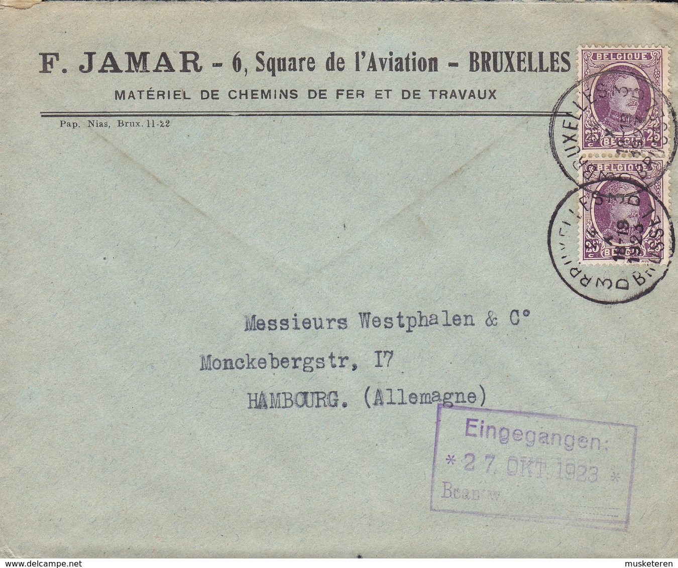 Belgium F. JAMAR Matériel De Chemins De Fer BRUXELLES Brussel 1923 Cover Lettre HAMBURG Germany 2x Houyoux (Pair) - 1922-1927 Houyoux