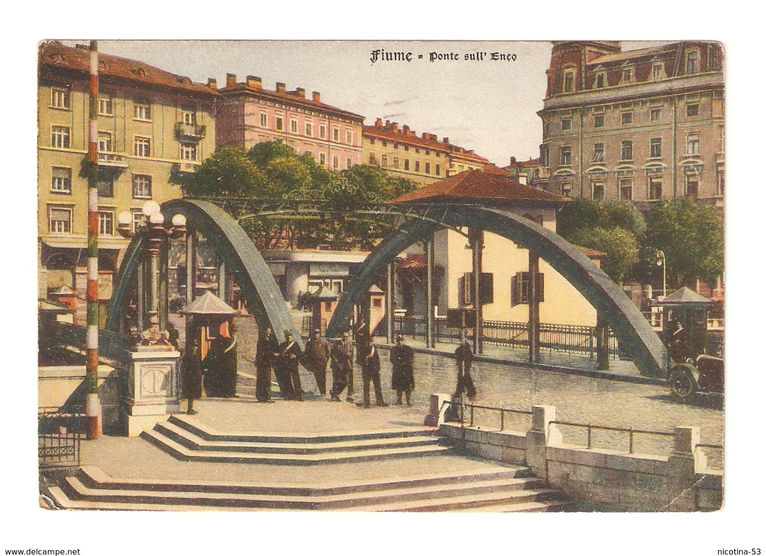 CT--02902-- FIUME - PONTE SULL'ENEO - VIAGGIATA 1943 - FRANCOBOLLO ASPORTATO- MOLTO ANIMATA-MILITARI - Croazia