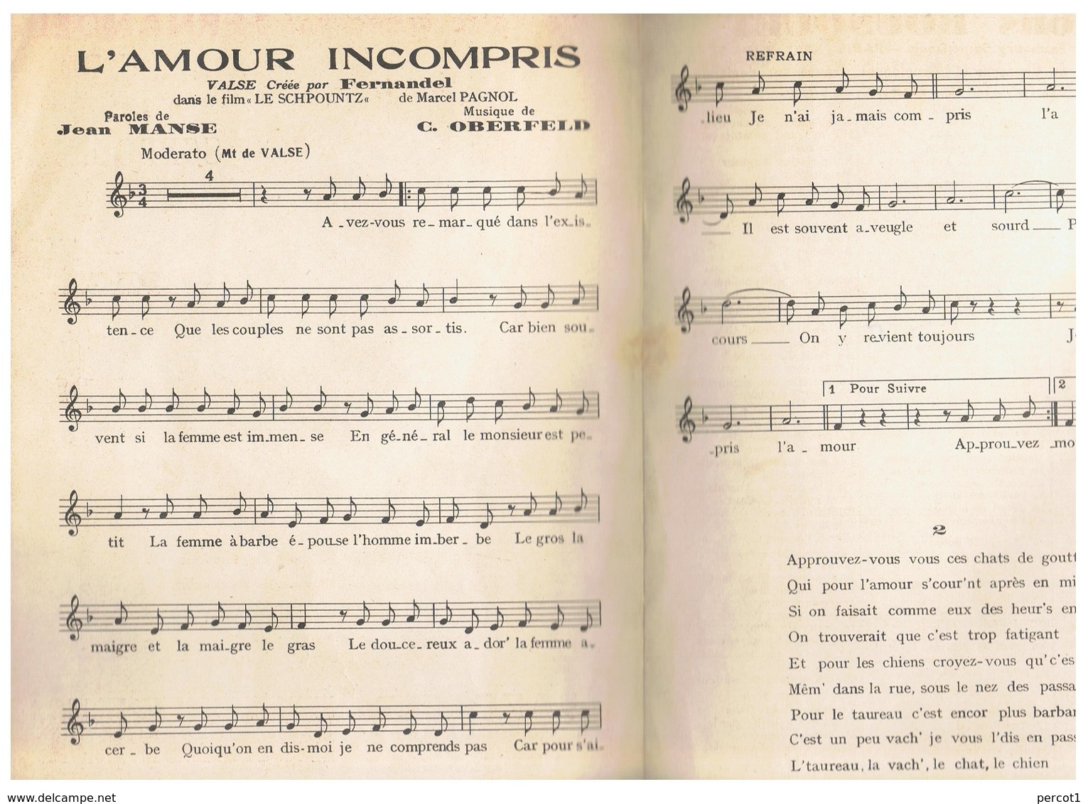 JM02.06 / VIEUX PAPIERS / PARTITION MUSICALE / L AMOUR IMCOMPRIS - VALSE CREEE PAR FERNANDEL - Partitions Musicales Anciennes