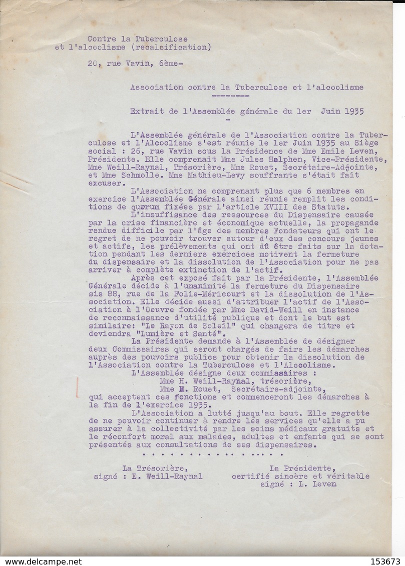 Document 1935 "Association Contre La Tuberculose Et L'alcoolisme"  26, Rue VAVIN (6ème) à PARIS. - Other & Unclassified