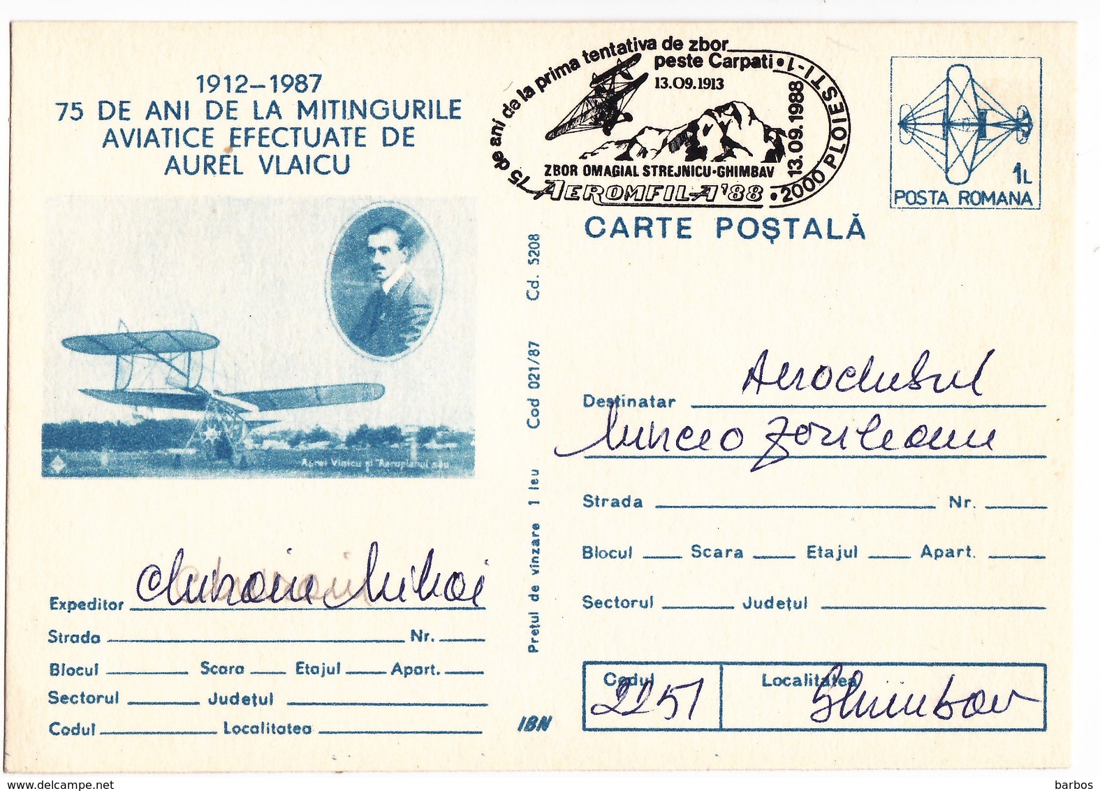 1988 , Romania , Roumanie , 75 Years - The First Attempt To Fly Over The Carpathians , Spec. Cancell.  Pre-paid Postcard - Postal Stationery