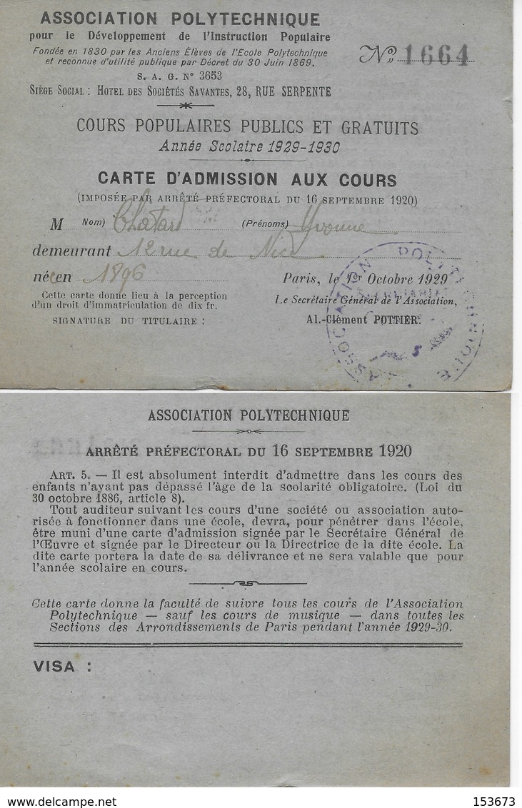 Carte Admission Aux Cours De L'association Polytechnique Pour Le Développement De L'Instruction Populaire 1929-1930 - Cartes De Membre