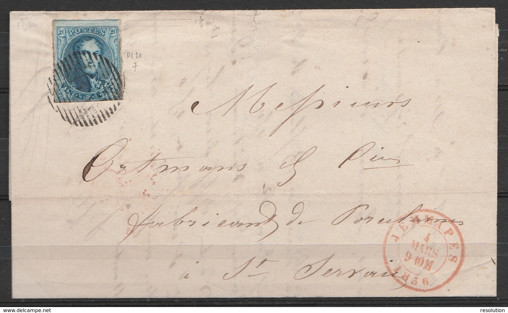 L. Affr. N°7 P65 Càd JEMMAPES /4 MARS 1856 Pour Fabricant De Porcelaines à ST-SERVAIS (au Dos: Càd NAMUR) - 1851-1857 Medaillons (6/8)