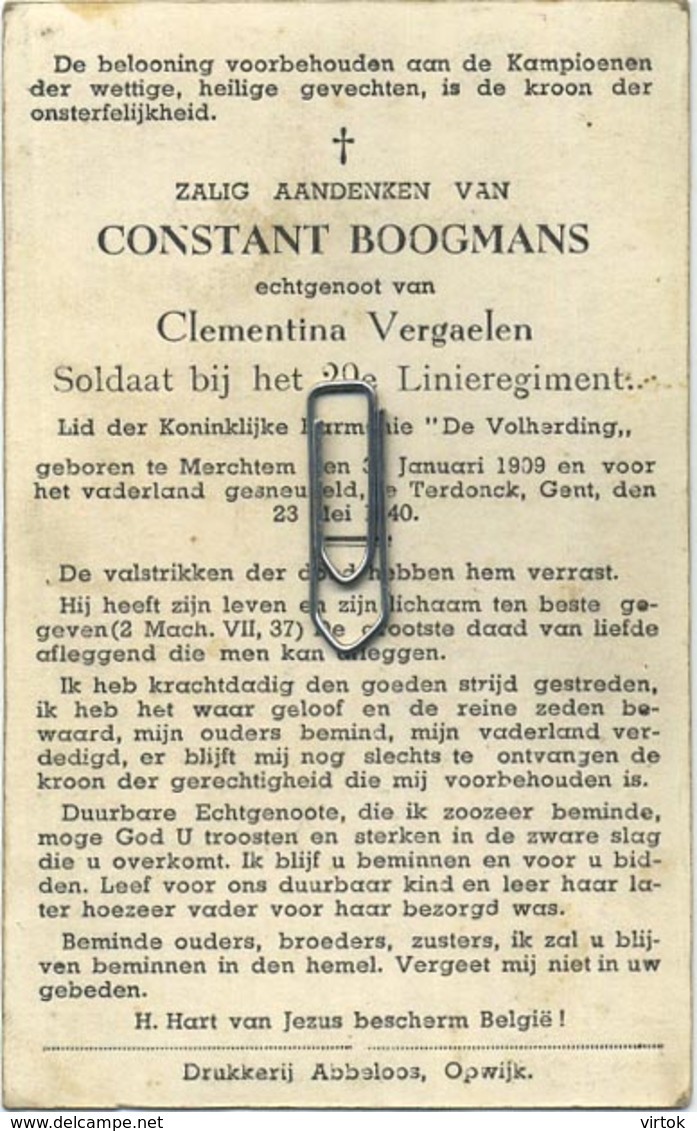 Constant Boogmans      ( Guerre - Oorlog 40-45 :  Merchtem 1909  - Terdonck Gent 1940    ( Zie Scans ) - Images Religieuses