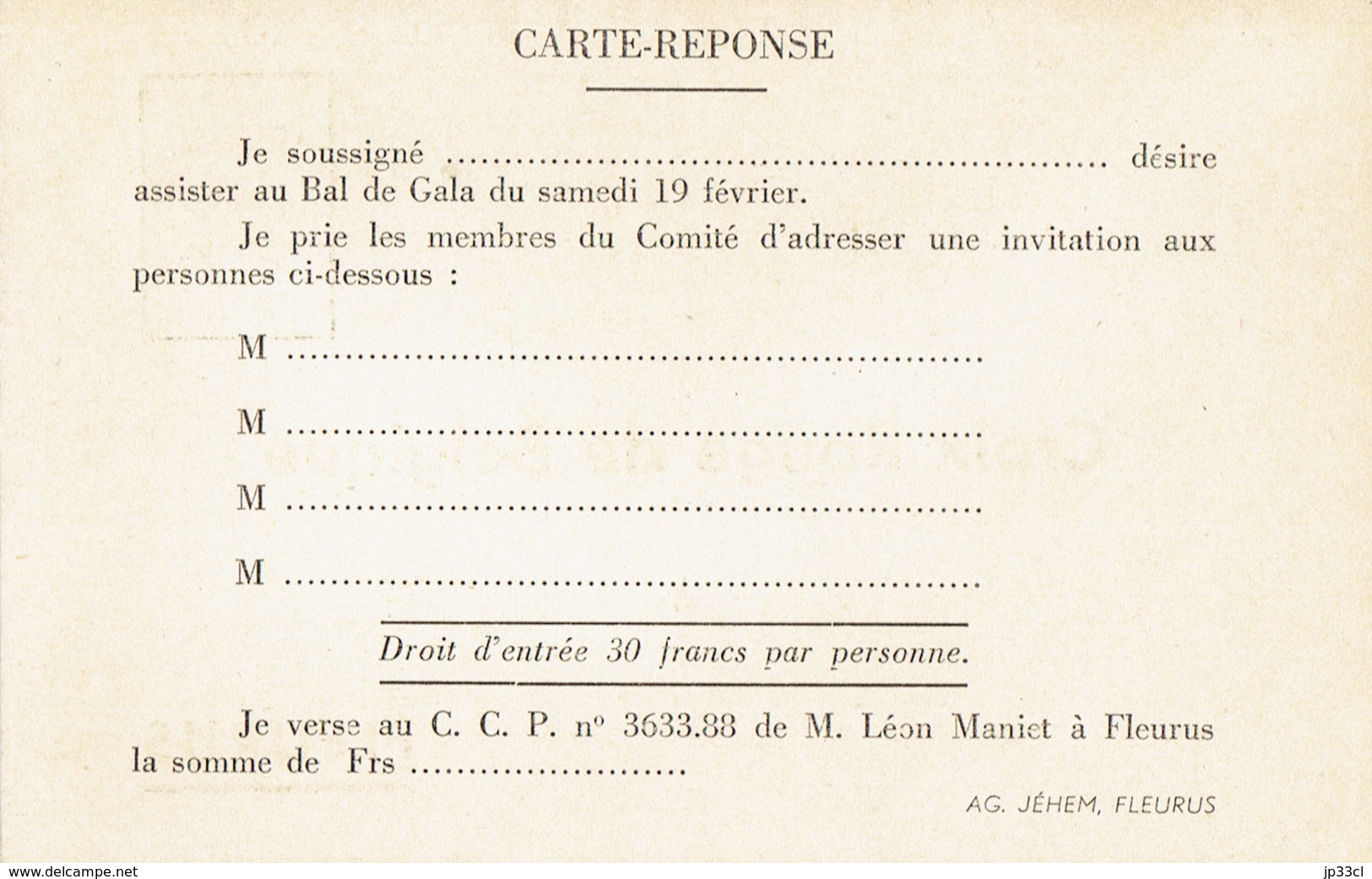 Invitation Au Bal De Gala De La Croix Rouge De Fleurus (19 Février 1949) Avec L'orchestre De Jack Arbain - Sin Clasificación