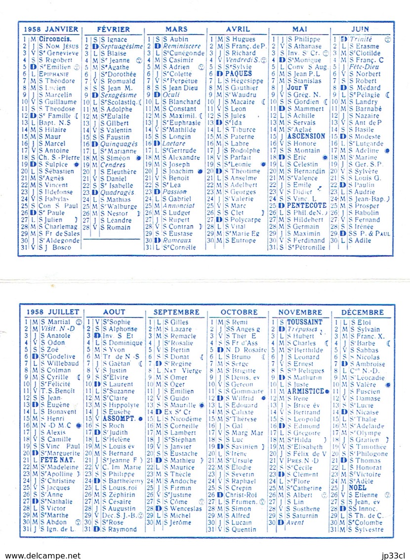 Petit Calendrier 1958 Avec Les Voeux Des Cartes De Visite Et Ets D'Imprimerie André Remy à Beauraing - Kleinformat : 1941-60