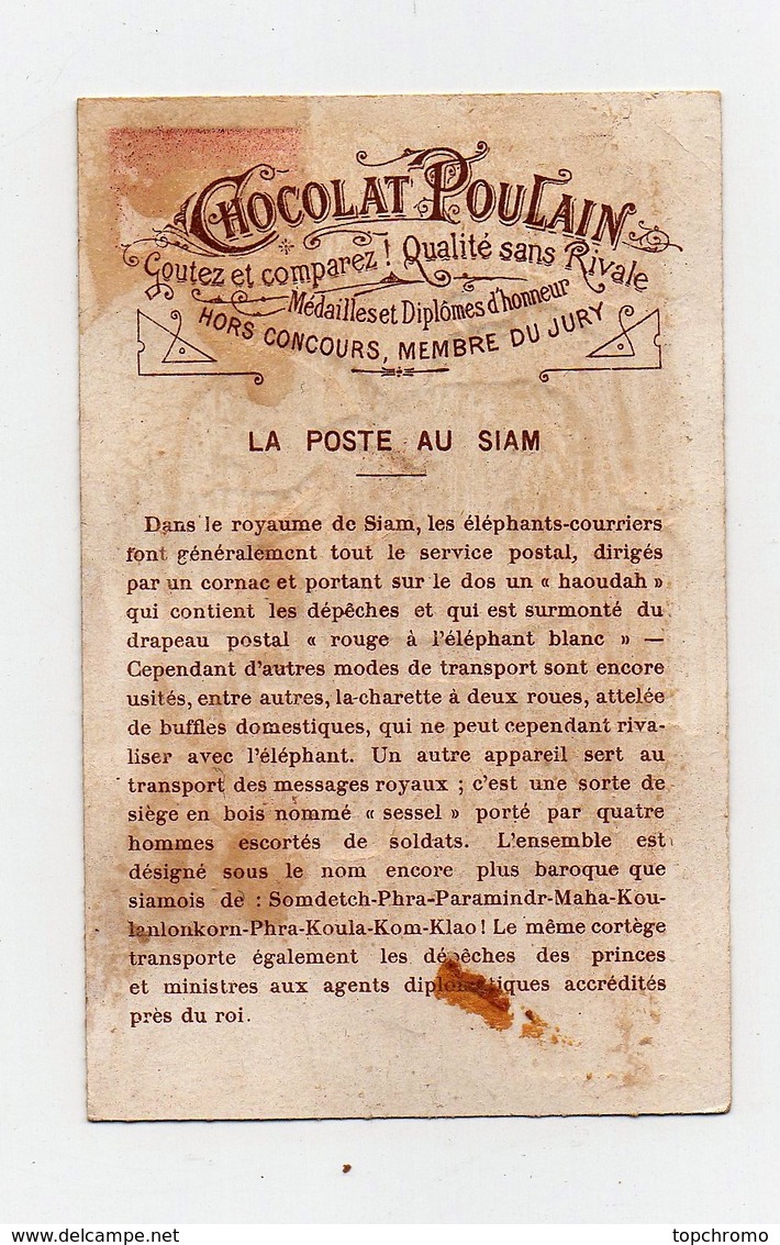 CHROMO Gaufrée Chocolat Poulain La Poste Au Siam Facteur Drapeau Timbre Imprimé Eléphants - Poulain