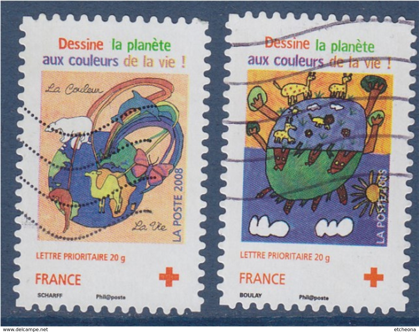 = Croix Rouge Adhésif N°237 Et 238 Oblitérés 2 Timbres (ex 4306 Et 4307) Dessine La Planète - Used Stamps