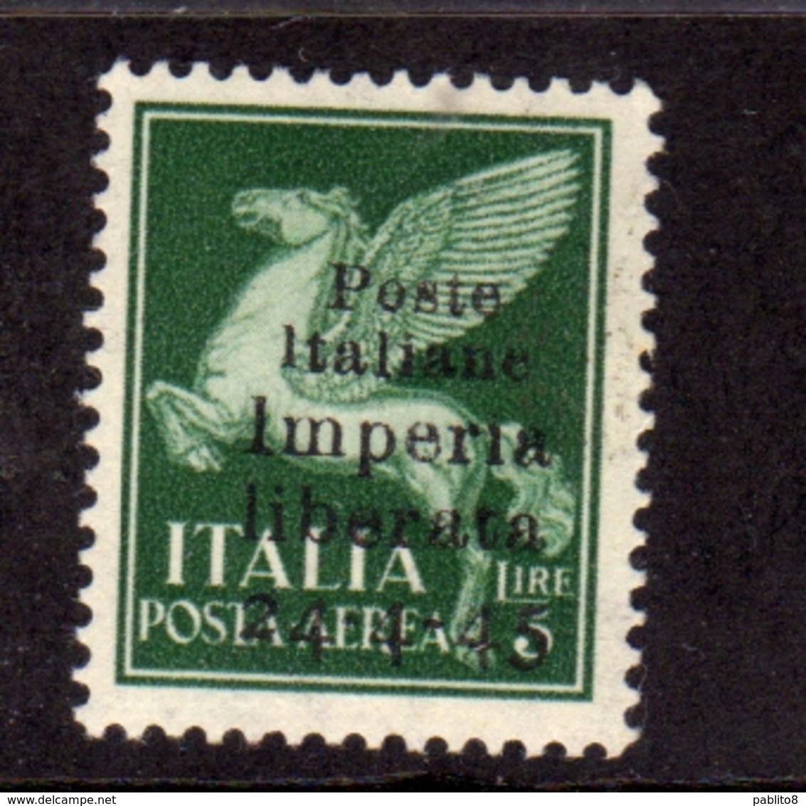 ITALY ITALIA 1945 CLN IMPERIA LIBERATA POSTA AEREA AIR MAIL MONUMENTI DISTRUTTI LIRE 5 MNH FIRMATO SIGNED - Centraal Comité Van Het Nationaal Verzet (CLN)